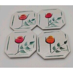4 Vtg Jo Joyce Hand-painted Tile Coasters Rose Tulip Floral Grandma Core Cottage